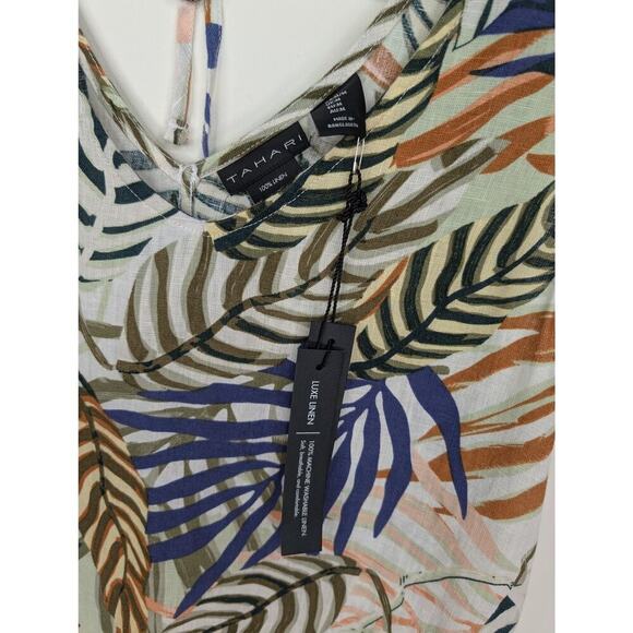Tahari Dress Womens Medium Linen Sleeveless Leaf Print Summer Tropical V Neck - Picture 4 of 10